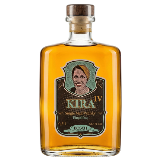 BOSCH KIRA IV Single Malt Whisky Einzelfass in 0,5L Flasche mit 51,5% vol., bernsteinfarbene Flüssigkeit, Holz-Korkverschluss und Vintage-Etikett mit illustriertem Frauenporträt.