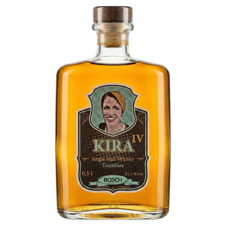 BOSCH KIRA IV Single Malt Whisky Einzelfass in 0,5L Flasche mit 51,5% vol., bernsteinfarbene Flüssigkeit, Holz-Korkverschluss und Vintage-Etikett mit illustriertem Frauenporträt.