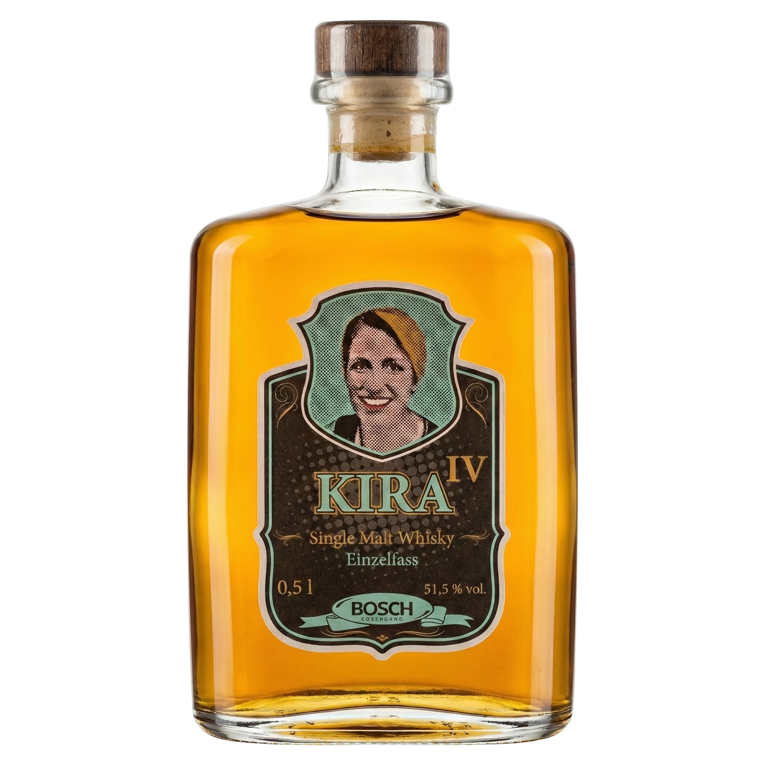 BOSCH KIRA IV Single Malt Whisky Einzelfass in 0,5L Flasche mit 51,5% vol., bernsteinfarbene Flüssigkeit, Holz-Korkverschluss und Vintage-Etikett mit illustriertem Frauenporträt.